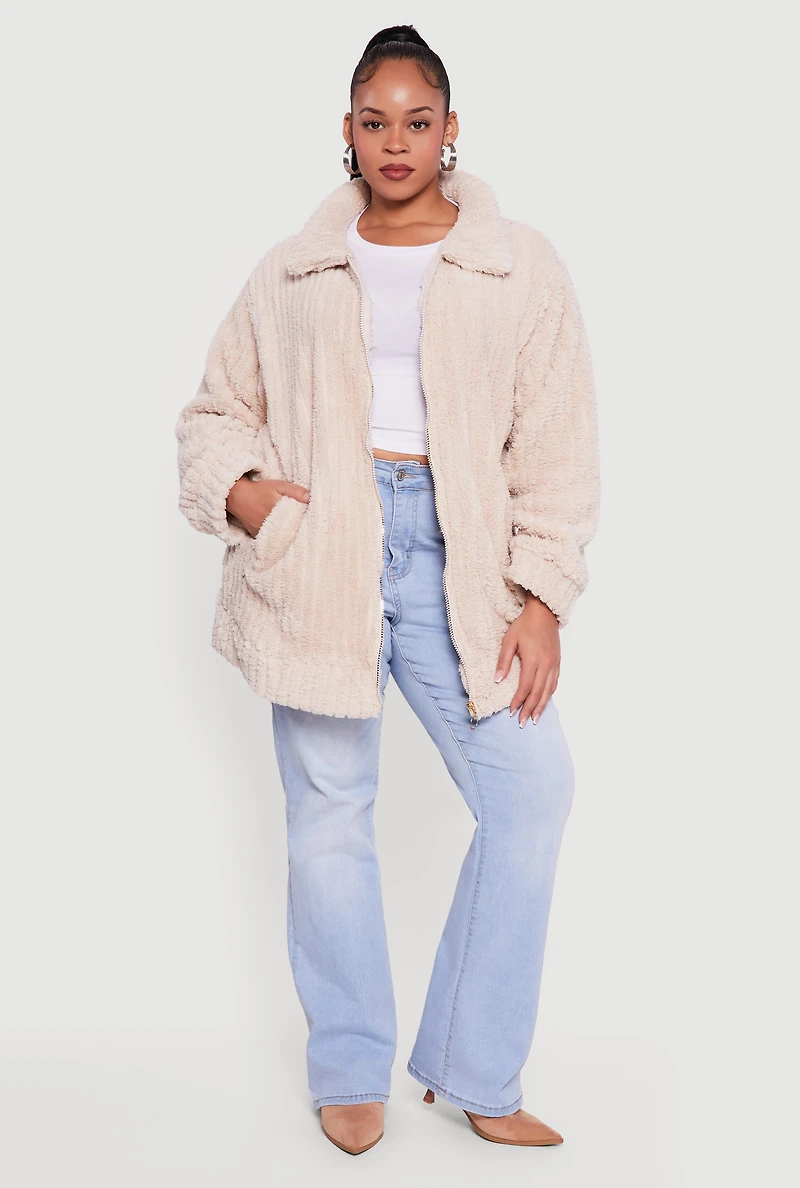 Plus Ribbed Sherpa Zip Front Jacket