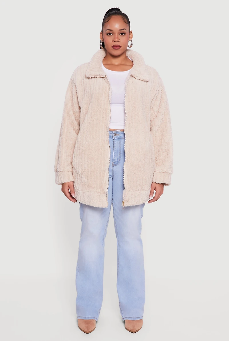 Plus Ribbed Sherpa Zip Front Jacket
