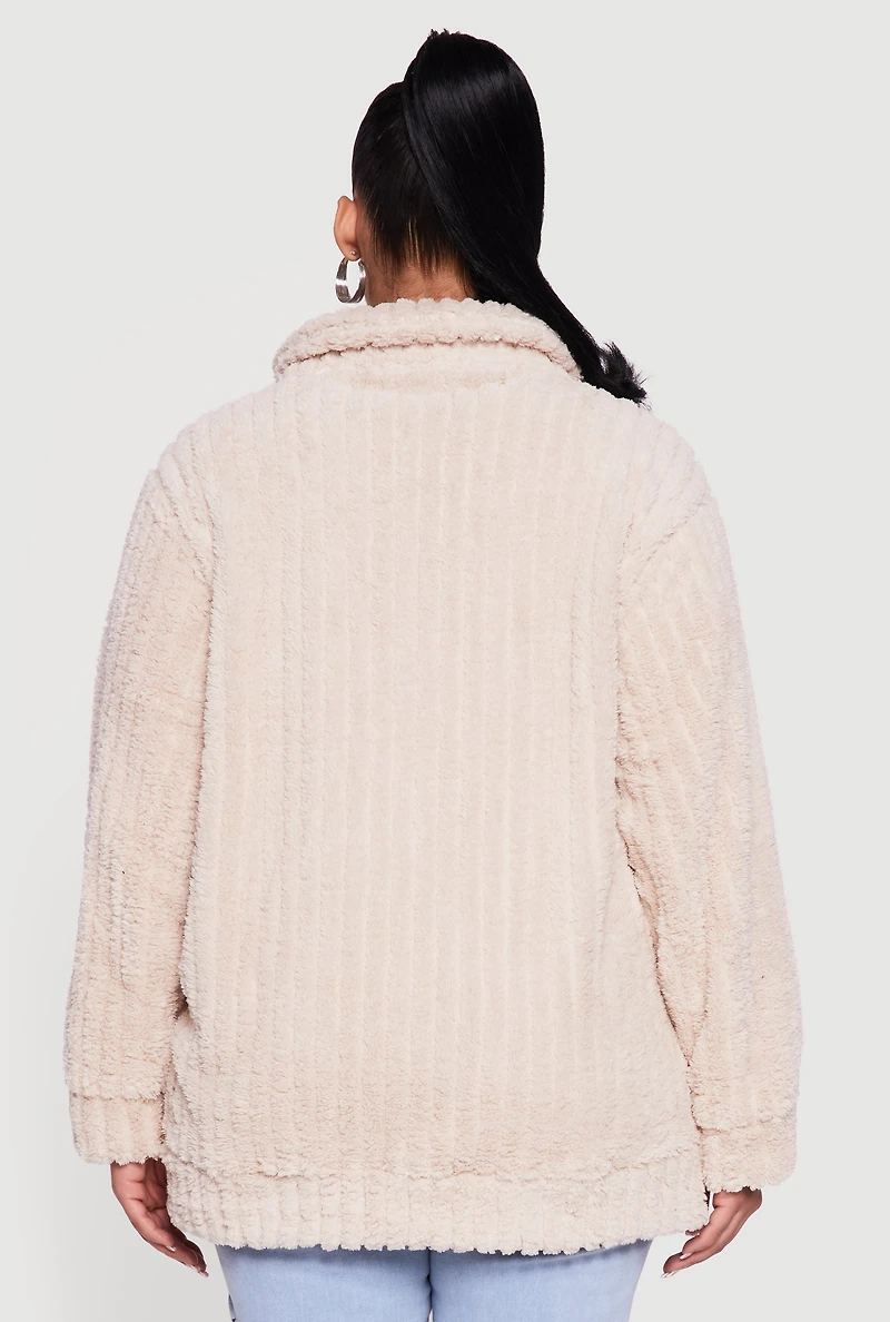 Plus Ribbed Sherpa Zip Front Jacket