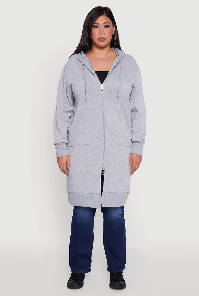 Womens Plus Size Zip Front Long Hoodie, Grey, Size 4X