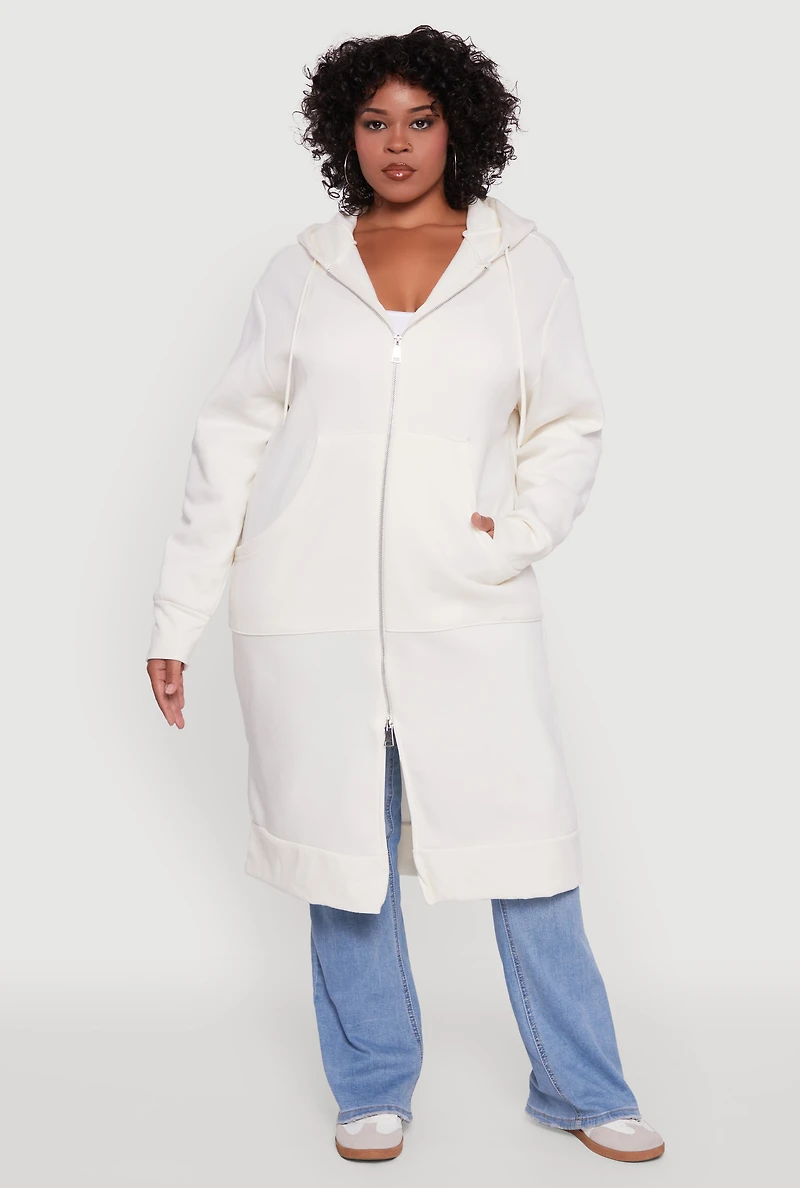 Womens Plus Size Zip Front Long Hoodie, White, Size 3X