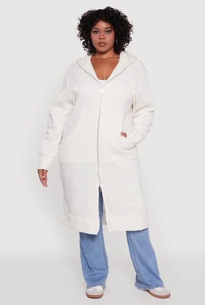 Womens Plus Zip Front Long Hoodie, White,