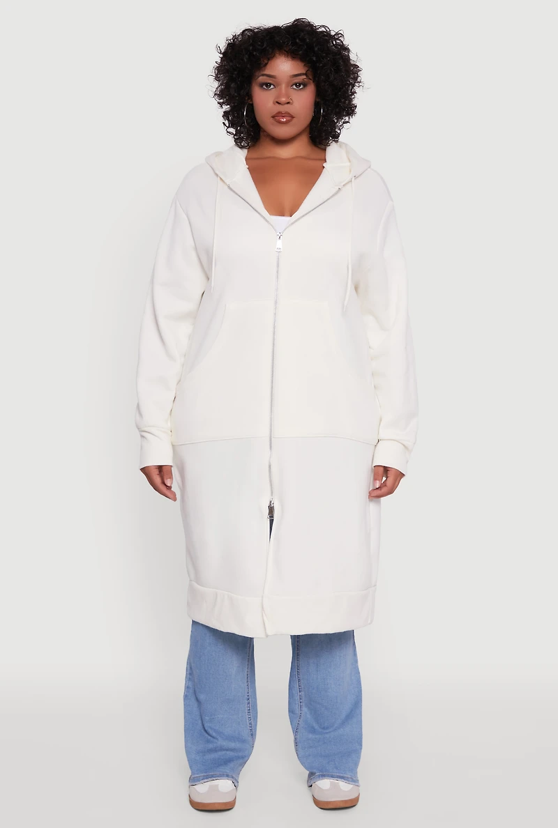 Womens Plus Size Zip Front Long Hoodie, White, Size 3X