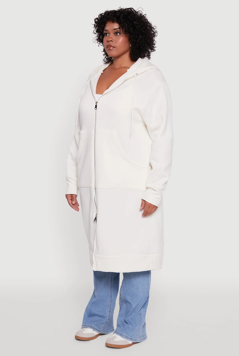 Womens Plus Size Zip Front Long Hoodie, White, Size 3X