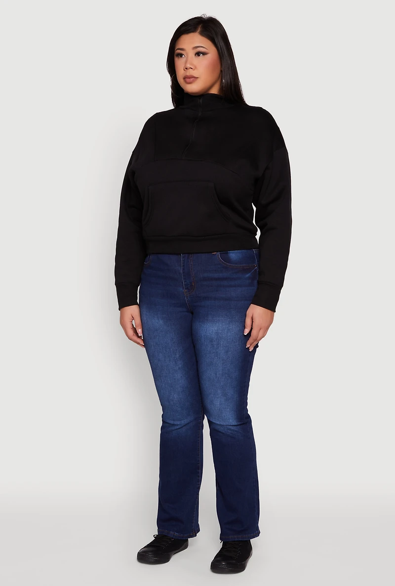 Womens Plus Fleece Lined Mock Neck Half Zip Sweatshirt,