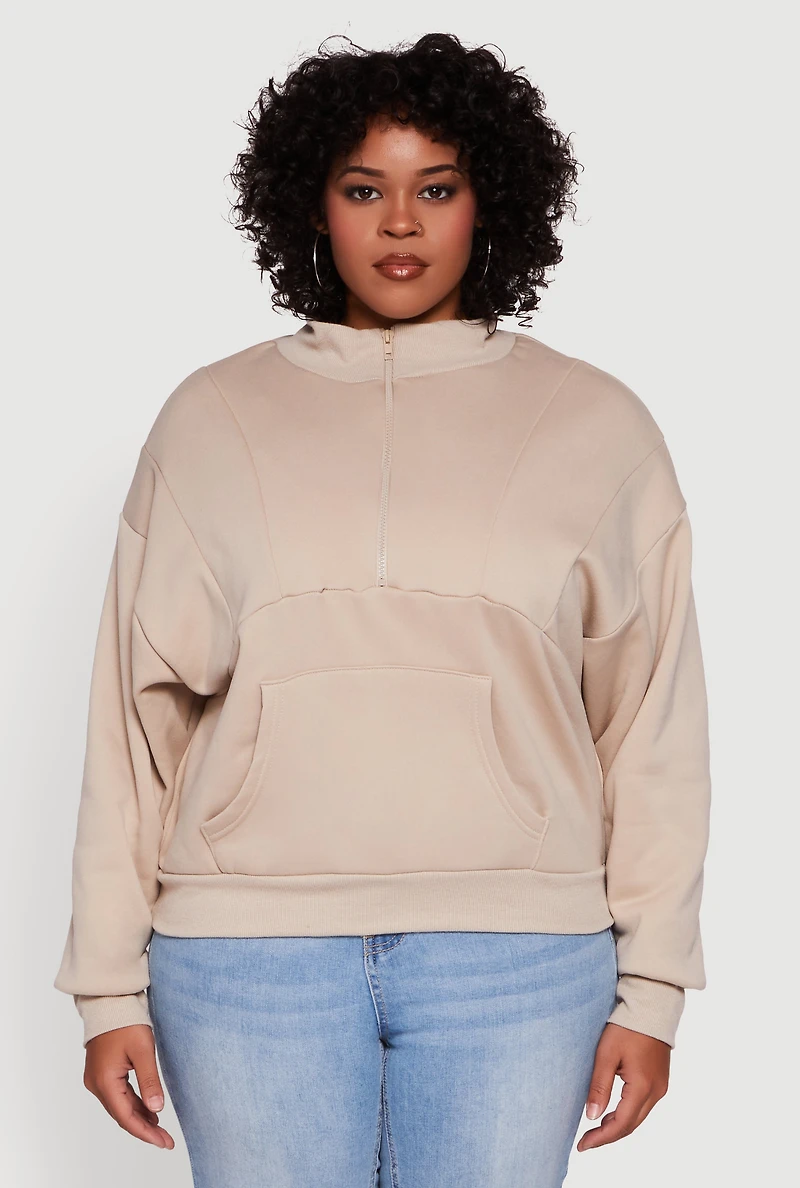 Womens Plus Size Fleece Lined Mock Neck Half Zip Sweatshirt, Beige, Size 2X