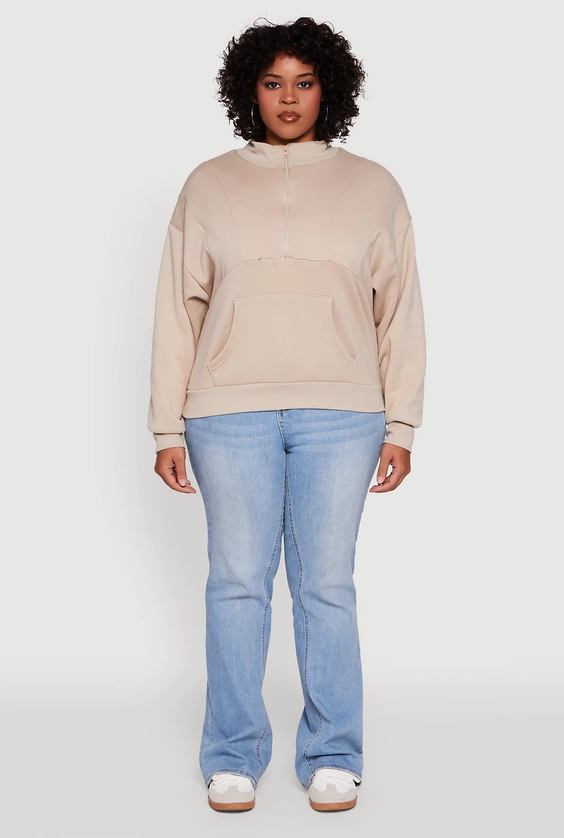 Womens Plus Size Fleece Lined Mock Neck Half Zip Sweatshirt, Beige, Size 2X