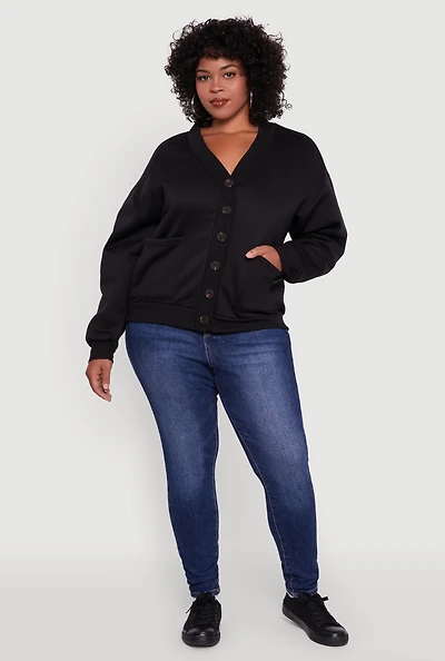 Womens Plus Size Oversized Fleece Lined Button Front Cardigan, Black, Size 4X