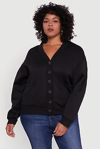 Womens Plus Size Oversized Fleece Lined Button Front Cardigan, Black, Size 4X