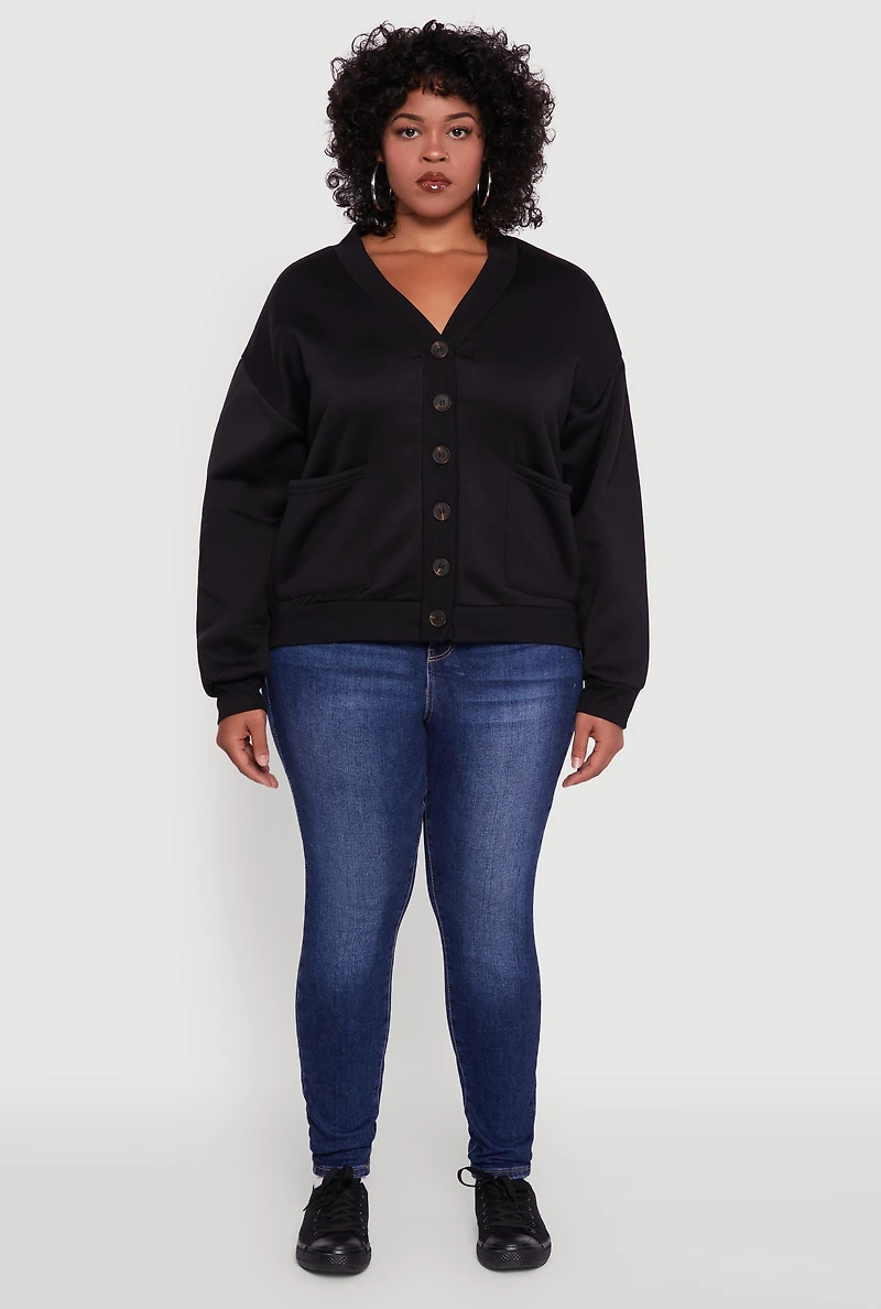 Womens Plus Size Oversized Fleece Lined Button Front Cardigan, Black, Size 4X