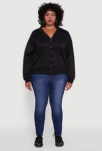 Womens Plus Size Oversized Fleece Lined Button Front Cardigan, Black, Size 4X