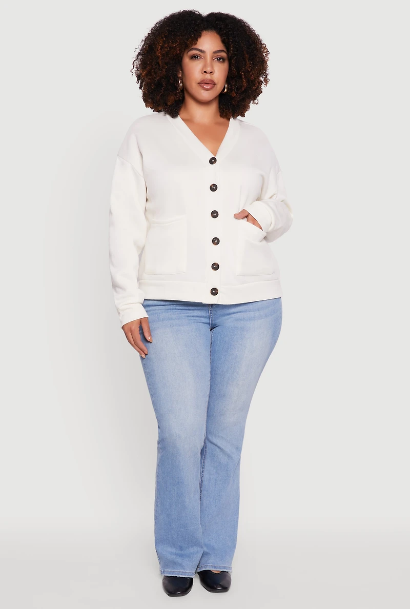 Plus Oversized Fleece Lined Button Front Cardigan