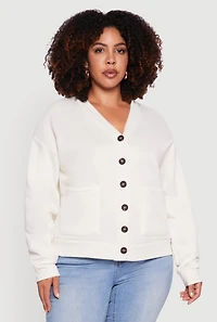 Womens Plus Size Oversized Fleece Lined Button Front Cardigan, White, Size 4X