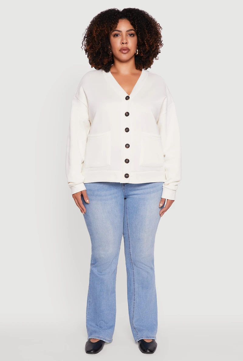 Womens Plus Size Oversized Fleece Lined Button Front Cardigan, White, Size 4X