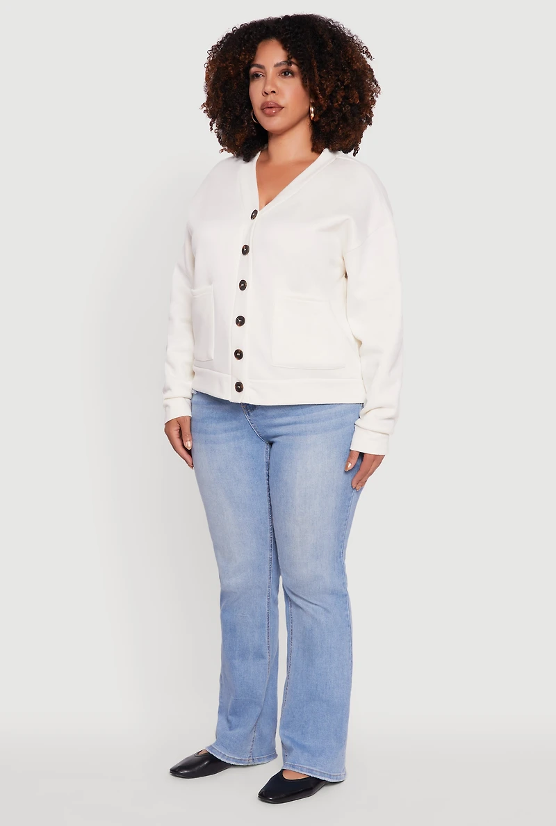 Womens Plus Size Oversized Fleece Lined Button Front Cardigan, White, Size 4X