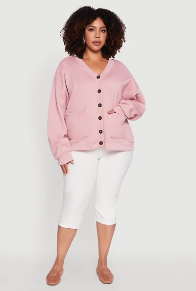 Womens Plus Oversized Fleece Lined Button Front Cardigan,