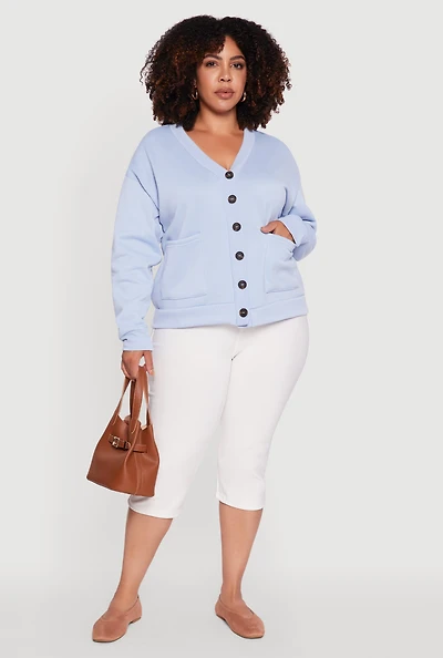 Womens Plus Oversized Fleece Lined Button Front Cardigan, Blue,