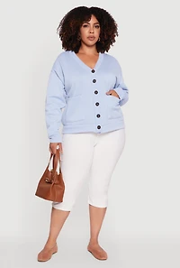 Womens Plus Oversized Fleece Lined Button Front Cardigan, Blue,
