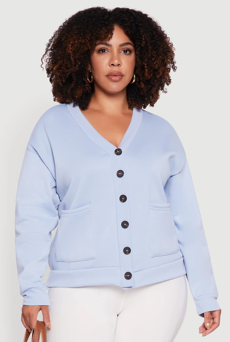 Womens Plus Size Oversized Fleece Lined Button Front Cardigan, Blue, Size 1X