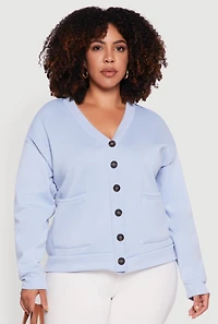 Womens Plus Size Oversized Fleece Lined Button Front Cardigan, Blue, Size 1X