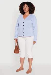 Womens Plus Size Oversized Fleece Lined Button Front Cardigan, Blue, Size 1X