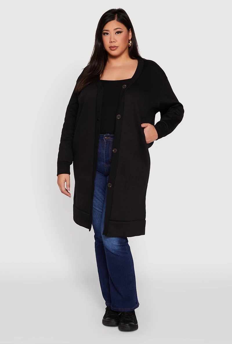 Plus Fleece Lined Button Front Long Cardigan