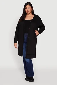 Plus Fleece Lined Button Front Long Cardigan