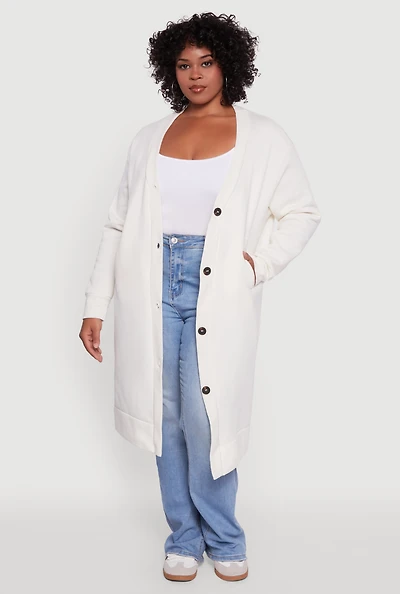Womens Plus Size Fleece Lined Button Front Long Cardigan, White, Size 1X