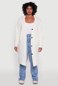 Womens Plus Size Fleece Lined Button Front Long Cardigan, White, Size 1X