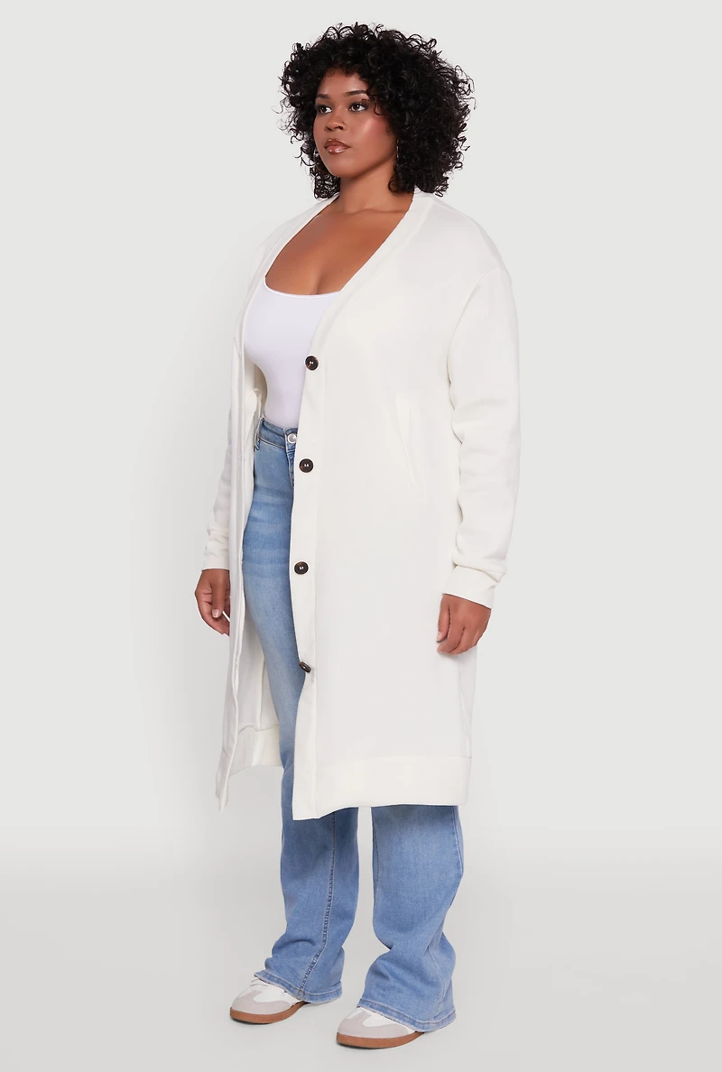 Womens Plus Size Fleece Lined Button Front Long Cardigan, White, Size 1X