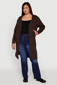 Womens Plus Size Fleece Lined Button Front Long Cardigan, Brown, Size 3X