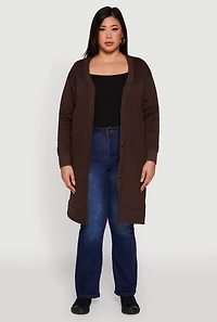 Womens Plus Size Fleece Lined Button Front Long Cardigan, Brown, Size 3X