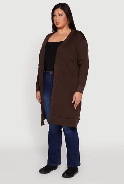 Womens Plus Fleece Lined Button Front Long Cardigan,