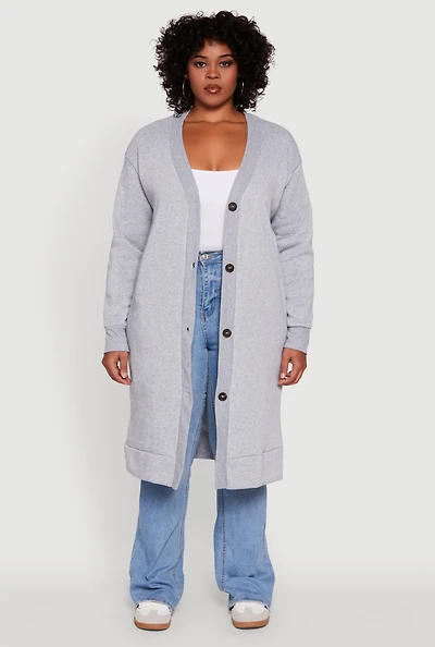 Plus Fleece Lined Button Front Long Cardigan