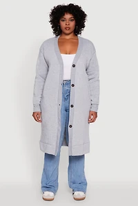 Plus Fleece Lined Button Front Long Cardigan