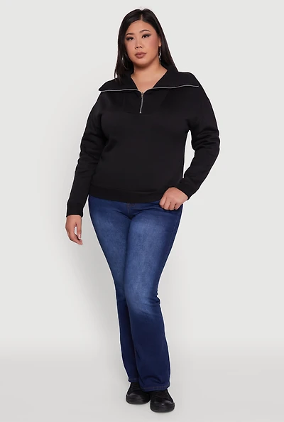 Womens Plus Fleece Lined Collared Half Zip Sweatshirt,