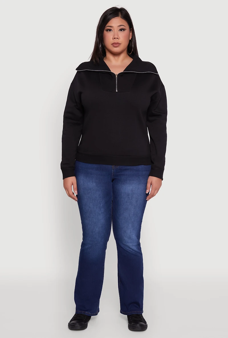 Womens Plus Fleece Lined Collared Half Zip Sweatshirt,