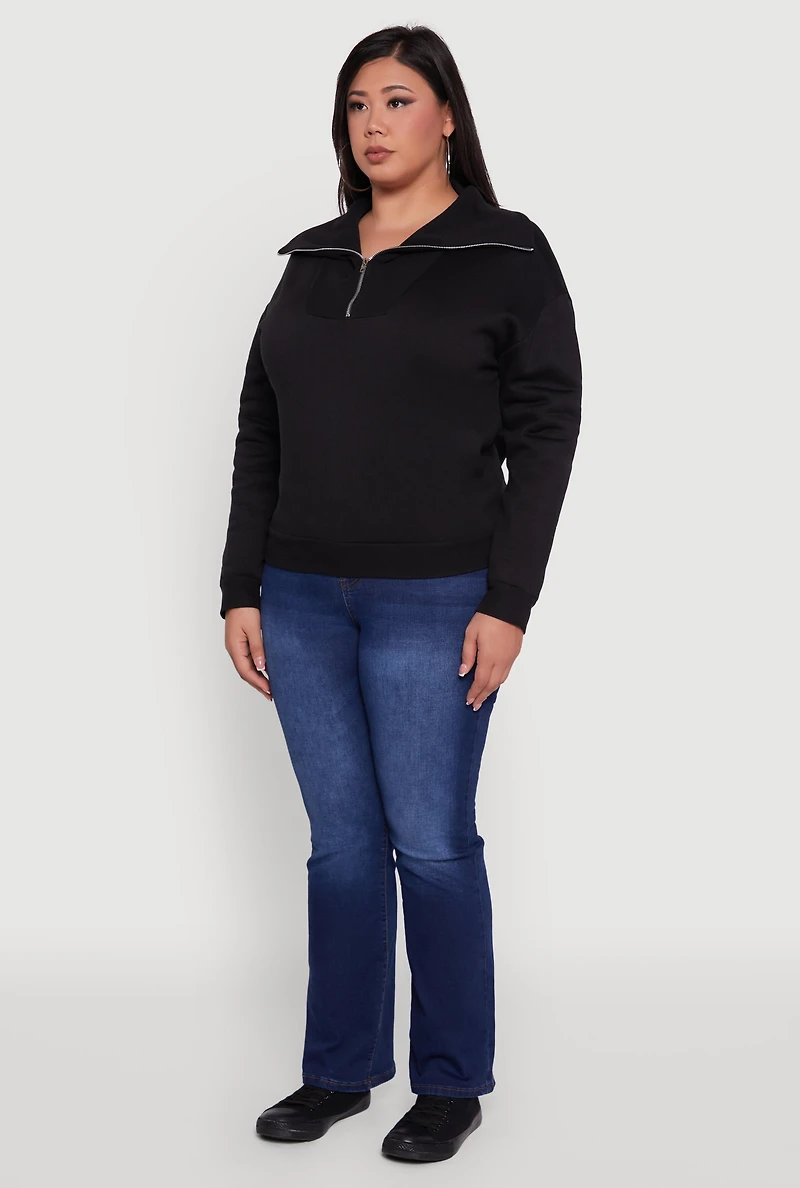 Womens Plus Fleece Lined Collared Half Zip Sweatshirt,
