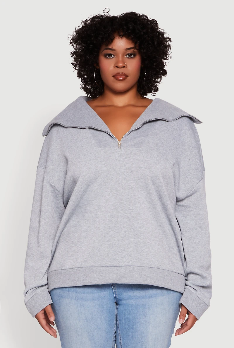 Womens Plus Size Fleece Lined Collared Half Zip Sweatshirt, Grey, Size 3X