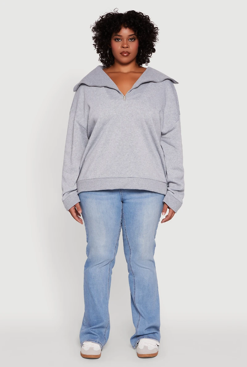 Womens Plus Size Fleece Lined Collared Half Zip Sweatshirt, Grey, Size 3X