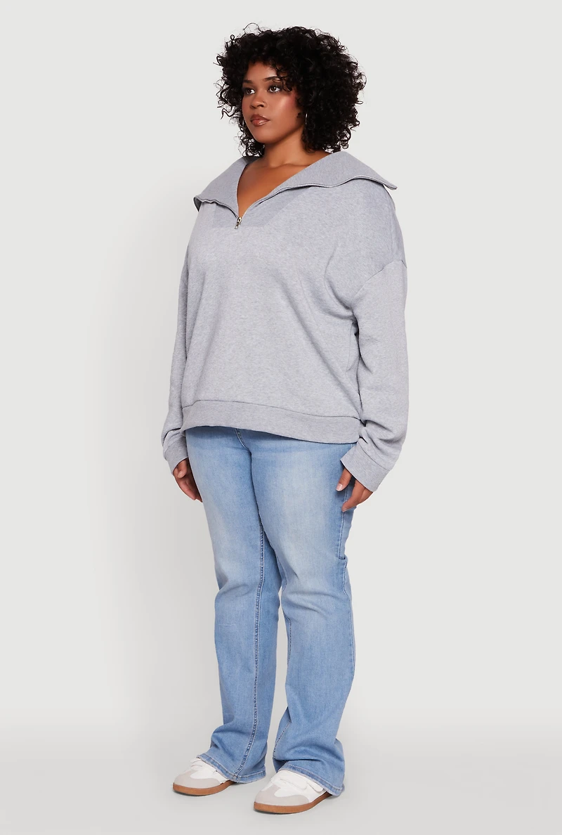 Womens Plus Size Fleece Lined Collared Half Zip Sweatshirt, Grey, Size 3X