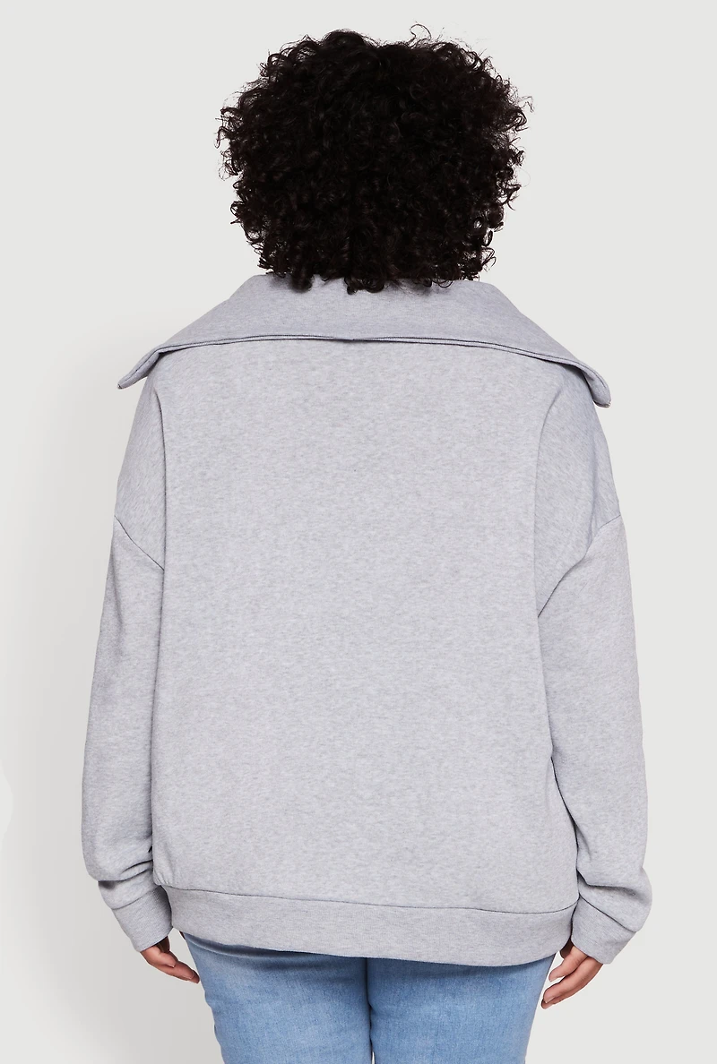 Womens Plus Size Fleece Lined Collared Half Zip Sweatshirt, Grey, Size 3X