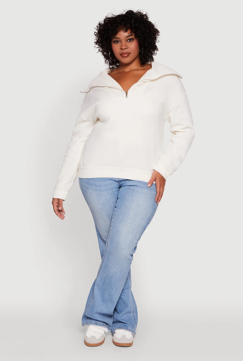 Womens Plus Fleece Lined Collared Half Zip Sweatshirt, White,