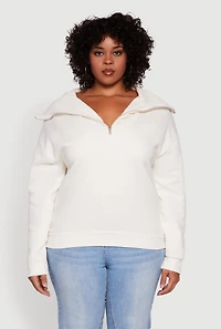 Womens Plus Fleece Lined Collared Half Zip Sweatshirt, White,