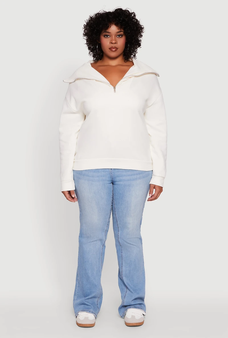Womens Plus Fleece Lined Collared Half Zip Sweatshirt, White,