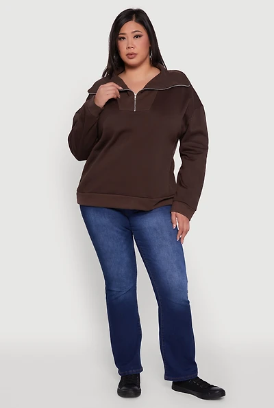 Womens Plus Fleece Lined Collared Half Zip Sweatshirt,