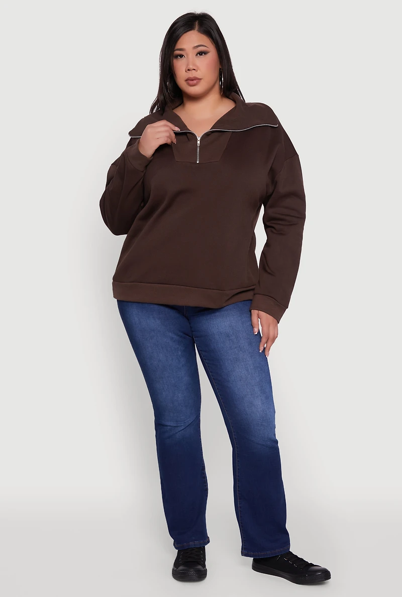 Womens Plus Fleece Lined Collared Half Zip Sweatshirt,