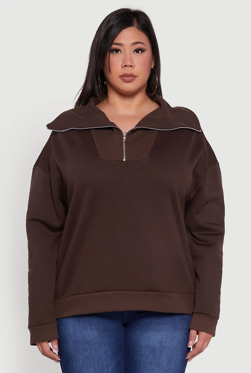 Womens Plus Fleece Lined Collared Half Zip Sweatshirt, 1X