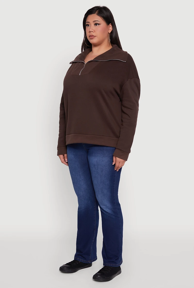 Womens Plus Fleece Lined Collared Half Zip Sweatshirt,