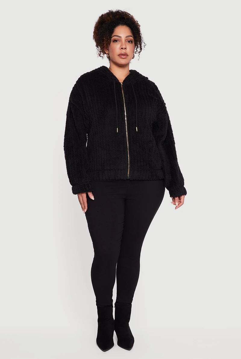 Plus Zip Front Hooded Sherpa Jacket